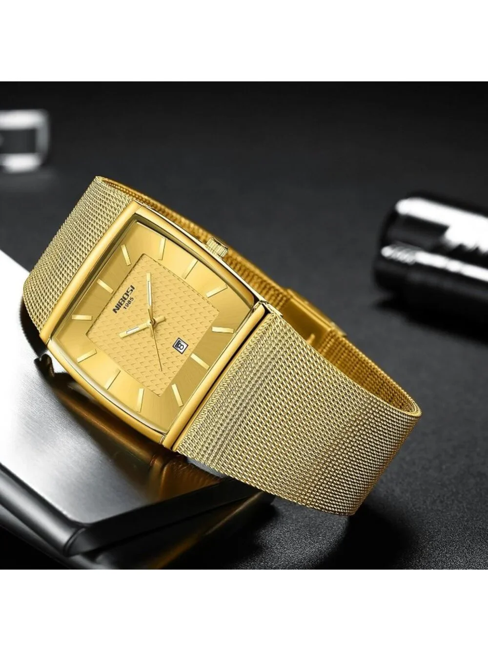 Nibosi Men's Gold Square Analog Quartz Stainless Mesh Strap Waterproof Watch